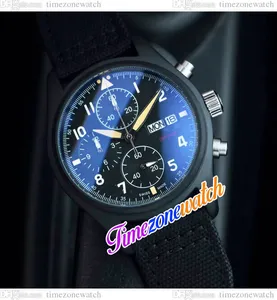 43mm Pilotlar IW389101 6S00 Kuvars Kronograf Erkekler Siyah kadran PVD Siyah Çelik Kılıf Naylon Deri Kısıtlama Çift Takvim Yeni Saatler TimezoneWatch E124C5