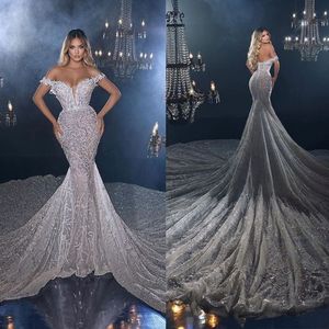 Luxuriant Mermaid Dress V-Neck Off-the-Shoulder Backless Shining Beading Applique Tulle Pleats Ruching Deep Cathedral Prom Plus Size Celebrity Dress Vestido