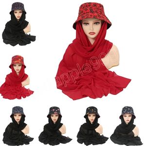 버킷 모자 여름 프린트 피쉬 맨 모자를 가진 여자 쉬폰 히잡 쉬폰 스카프 무슬림 히잡 모자 패션 이슬람 헤드 스카프