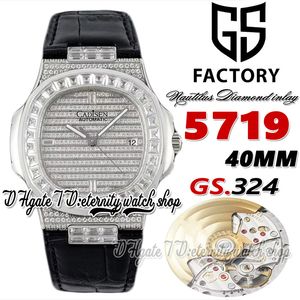 GSF gs5719G Cal.324 gs324 Automatic Mens Watch Steel Paved Round Diamonds Dial Stick Iced Out Diamond Black Leather Strap Super Edition eternity Jewelry Watches