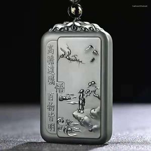 Pendant Necklaces Natural Hetian Green Jade Black Landscape Two-side Handcarved Jadeite Necklace Pendants Real Gift