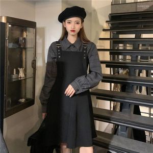 Casual Dresses Women Dress Sweet Bodycon Bandage Two Pieces High Waist Black Plaid Lace Vestido Vintage Harajuku Plus Size A-line