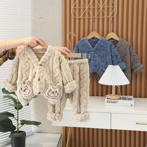 Conjuntos de roupas de inverno para meninos e meninas, roupas infantis casuais, roupas quentes de pelúcia, crianças, desenhos animados, casacos, calças, pijamas de bebê