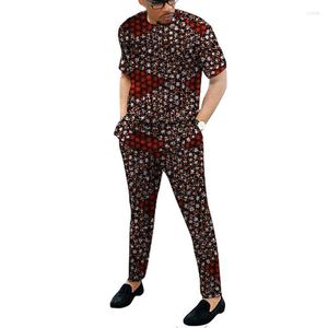 Men s Tracksuits African Men Clothes Set Short Sleeves Patchwork Tops Elastic Waist Pants Nigerian Print Male Wedding Groom Suit