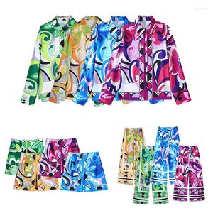 İş elbiseleri 3pcs Set Kadınlar Konumlandırma Deseni Uzun Kollu Gömlek Mini Etek Pantolon Takım Summer Vintage Drape Homewear Chic Famale