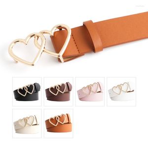 Belts 2022 Women's Double Heart Buckle Belt Strap Wide Black White Red Brown PU Leather For Women Dress Pants Pasek Damski