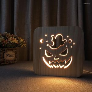 Nattljus 3D LED -lampa Ljus USB -skrivbordslampor Halloween Pumpkin Lantern f￶r g￥va Natural Pine Wood Room Decoration