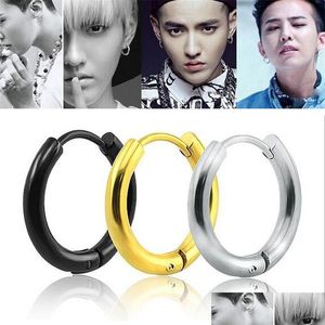 Hoop Huggie 1Pc 10-20Mm Punk Rock Black Rhodium Gold Hoop Stainless Steel Circle Earring For Women Men Ear Ring Clip Piercing Brinco Dhczq