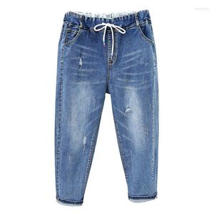 Kvinnors jeans kvinnors plus storlek 5xl kvinnor denim byxor vår sommar avslappnad elastisk hög midja vintage hål nio poäng harem 300