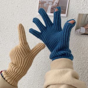 Unisex dokunmatik ekran açık kış eldiven sevimli parmaksız yün örgü kalın sıcak erkekler yürüyüş soğuk dolusu binicilik