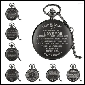 Pocket Watches Customized Design To My Husband Series Men's Watch Black Quartz Analog Display Clock Pendant Chain Fob Lover Gift