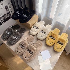 New Women Fluffy Slippers Inside and Outside Full Wool Cozy Mules Shoes Embroidery Black White Turmeric Dark Grey Apricot Woman Lazy Muller Slippers Outdoor Slide