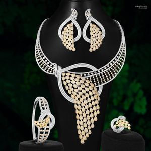 Halskette Ohrringe Set 4PCS GROßE Mode Luxus Feder Afrika Schmuck Für Frauen Hochzeit Party Zirkonia Dubai Braut 2022