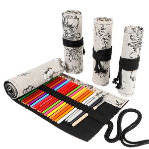 Black Peony Flower Print Pencil Bags Canvas Pen Curtain 24 36 48 72 Well Large Capacity Pencil Bag Sketch Color Pencils Case 1223281