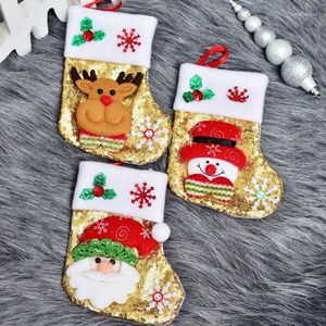 Kerstdecoraties bling kousen 2022 ornament Santa Snowman Paillin Small Cadeaum Bag Knife Vork Cover Set voor Home Party SN3418