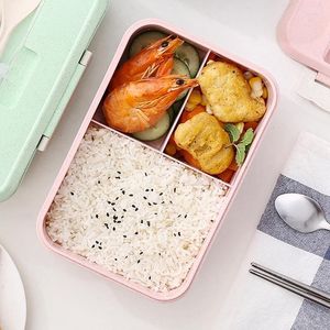 Dinnerware Sets Wheat Straw Bento Box Lunch For Student Office Worker 3 Compartments Container Storage With Lid & Utensils