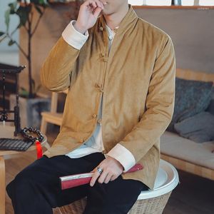 Abbigliamento etnico 2022 Autunno e inverno Giacca imbottita in velluto a coste di cotone stile cinese Coil Button Tang Mens Cappotti Khaki Micro Suede