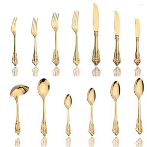 Servis upps￤ttningar 6st Vintage Western Gold Cutary Dining Dessert Knife Fork Spoon Cuterly Set Golden Luxury Gravering Table Seary