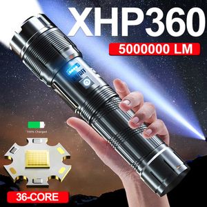 Falllampes Torches XHP360 High Power LED -ficklampor med Zoom 5000000lm Super Bright Outdoor Long Shot Tactical ficklampor Emergency Power Bank L221014