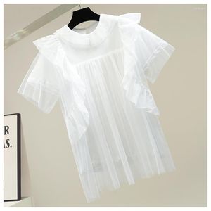 Women's Blouses Ruffled Mesh Doll Shirt Women Fashion Tshirt 2022 Summer Girls Ladies All-Matching Princess Tops White Black Pink