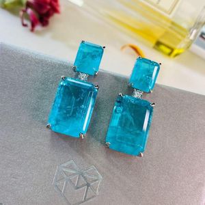 Kolczyki Dangle 925 Silver Retro Szmaragd Square Paraiba Cyrcon Wysokie rozdzielczość Prezent urodzinowy