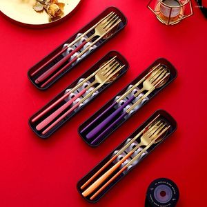 Dinnerware Sets Korean Cutlery Box Purple Orange Spoon 304 Stainless Steel Fork Chopsticks 3pcs Tableware Set