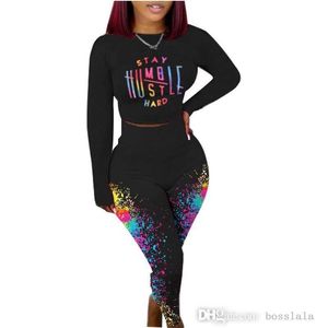 New Fall Womens Letter Printed Two Piece Pants Set Fashion Long Sleeve Crop Top Ink Splash High Waist Leggings Jogger Sets