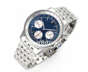 NAVITIMER01 MENS Relógio BLS Factory Aço inoxidável Dial azul Swiss 7750 Cronógrafo automático 28800VPH Sapphire Crystal Lunhurwatch 43mm Resistência à água