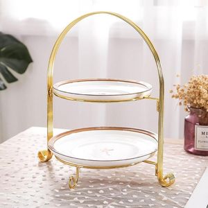 Bakeware Tools 2-Tier European Fruit Shelf Iron Golden Food Storage Stand Snack Cake Dessert Rack Pastry Dish Tray For Home Party Decor