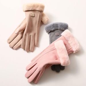 Winter Female Lace Warm Cashmere Three Ribs Mittens Double thick Plush Wrist Women Touch Screen Driving Gloves 4 Colors