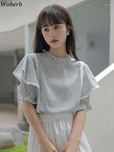 Damenblusen Woherb 2022 Koreanische elegante Puffärmelbluse Spitze Patchwork Kurzes Top Mode Stehkragen gebrochenes Blumenhemd