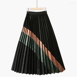 Skirts 2022 Spring Winter Striped Gold Velvet Women Pleated Skirt Elegant Vintage Elastic High Waist Office Ladies A-Line Midi