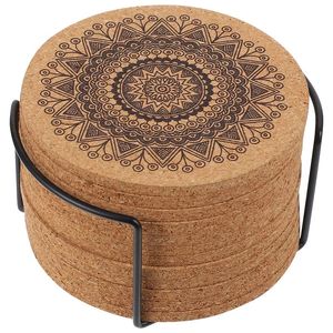 Creative Nordic Mandala Design Round Shape Mats Wooden Coasters With Rack Round Cork Coaster