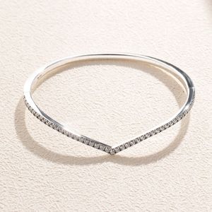 Sparkling CZ Diamond Wishbone Bangle Bracelet with Original Box for Pandora 925 Sterling Silver Wedding Jewelry For Women Girls Engagement Braceletes