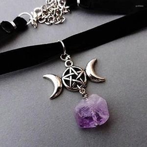 Choker m￤rke svart sammet krage gotisk trippelm￥ne naturlila kvarts kristallhalsband h￤xa amulet smycken