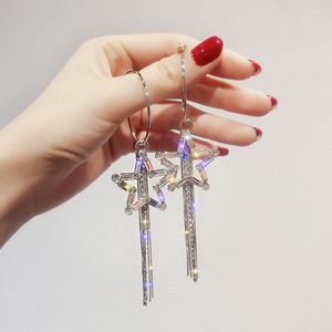 Hoop oorbellen Charm Shiny Rhinestone Star Silver Kleur voor vrouwen Lange Tassel Fashion Jewelry Statement Brincos