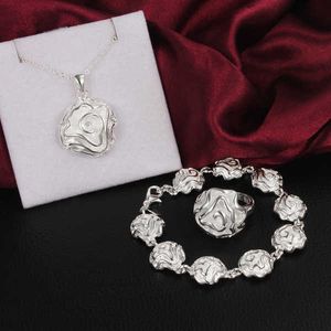 Beaded Strands Hot fine rose flower sterling Silver rings Bracelets necklaces Jewelry set for women fashion Party wedding accessories gifts L221012
