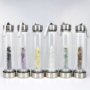 Natürlicher Kristallquarz-Kies-Edelstein-Heilglasbecher, Energie-Elixier-Wasserflaschen, Rosenkies-Steinbecher-Geschenk
