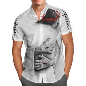 M￤ns avslappnade skjortor Jesus Big Hug 3D Beach Hawaiian 2022 Summer Men's Shirt Short Sleeve Streetwear Overdimensionerade 5xl Camisa Social Chemise