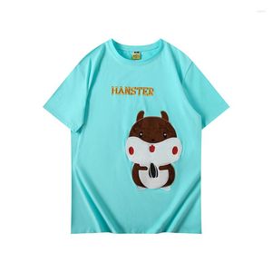 Men's T Shirts Summer Short-Sleeved Cotton T-Shirt Casual Loose Soft Hamster Embroidery Cartoon O-Neck Couple Travel Blouse Large Size