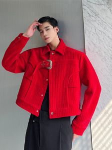 Men's Jackets SYUHGFA Men's Wear 2022 Autumn Short Style Red Velvet Jacket Korean Streetwear Loose Buckle Coat Single Breasted