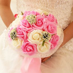 Gelin Düğün Buket Nedime Yapay PE Gül Çiçeği Sahte İnci Pembe Buket Düğün Malzemeleri Festival Süslemeleri
