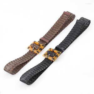 Bälten Q 110 cm för kvinnor Leopardtryck Akryl Square Buckle Weave Pu Leather Wide Midjeband Club Party Clothing Accessorie