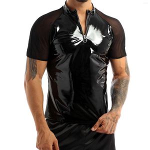 Men's T Shirts Black Mens Shiny Shirt Wetlook Leather Short Sleeves Sexy T-shirt Tees Sheer Mesh Zipper T-Shirts Tops Clubwear Casual