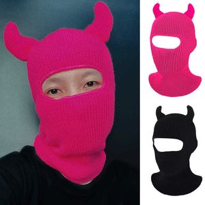 Cycling Caps Masks Ox Horn Balaclava Full Face Cover Ski Mask Bonnet 3 Hos Winter Warm Party Knit Beanies Party Cycling Hats Halloween Gift L221014