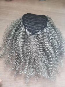 Long Silver Human Hair Grey Kinky Ponytail Extension Kinki Gray Afro Afro Puff Bun Drawtring Pony Tail para mujeres negras 120G