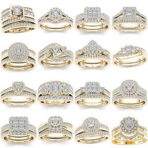 Bandringe Hochzeit 2 Stück Braut Set Eleganter Kristall Verlobungsring Luxus Goldfarbe Rund Herz Zirkon für Frauen Boho Schmuck 2021342y