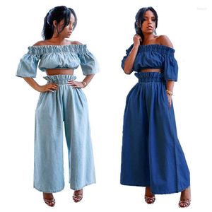 Women's Two Piece Pants S-2xl Casual Jeans Suit Women Denim Pieces Set Blue Sexy Off Shoudler Top And Wide Leg Matching Wholesale Drop