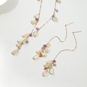 Kolye Küpe Seti Opal Doğal Taşlar 18K Saf Katı Gül Altın El Yapımı Küpe Kadınlar için Zarif Hediye