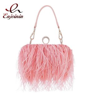 Luxury Ostrich Feather Party Evening Clutch Women Wedding Pearl Tassel Purses and Handbags Chain Shoulder Designer Bag